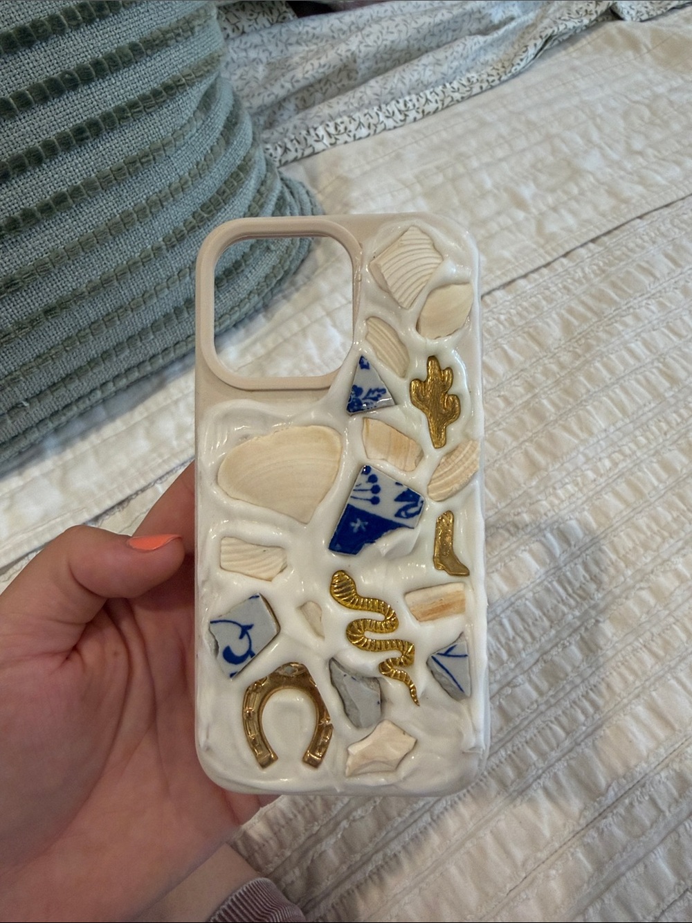 White Mosaic Embellished Phone Case with Blue & Gold Accents